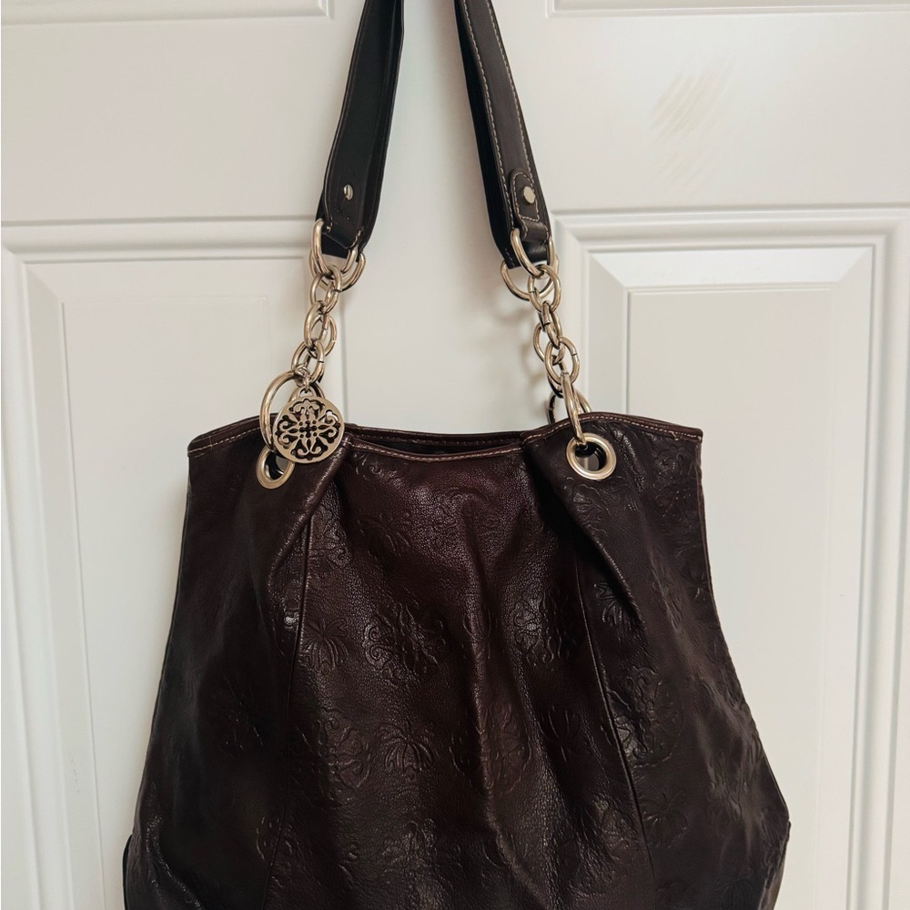 Vintage Embossed SOLINA Brown Genuine Leather Shoulder Handbag